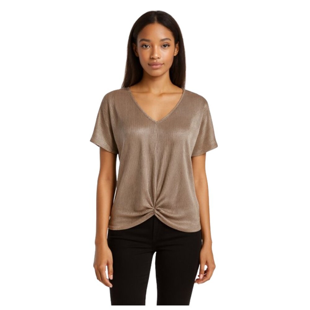 Carolina Belle Silver Pleated Knot Front Top XS Shiny Metallic Blouse
